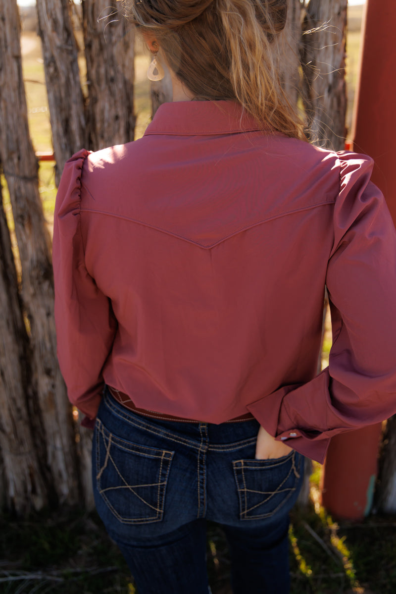 Wine Pearl Snap Puff Sleeve Performance Shirt HH2710