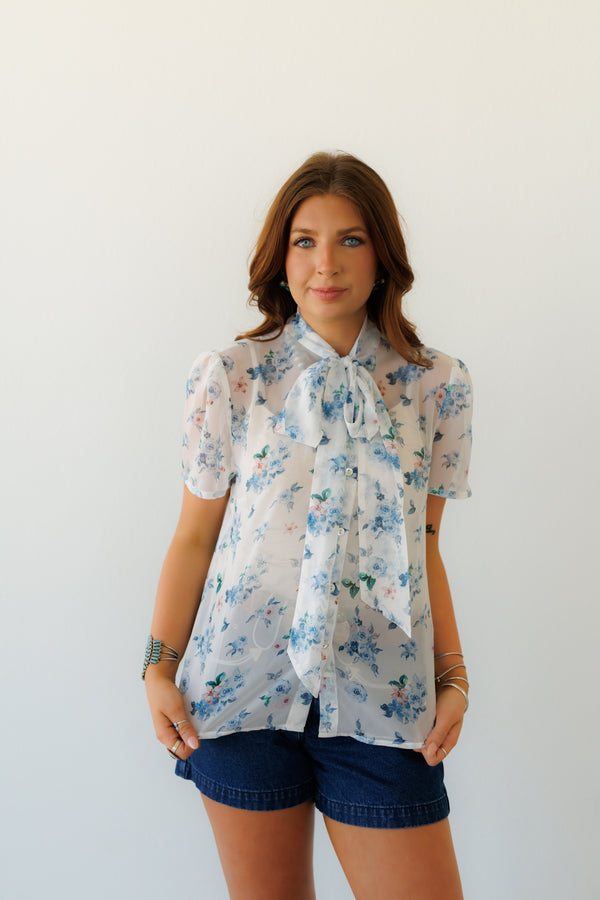 Tie Top, Blue Floral Short Sleeve HH2711