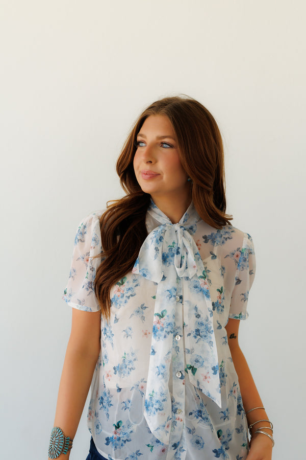Tie Top, Blue Floral Short Sleeve HH2711