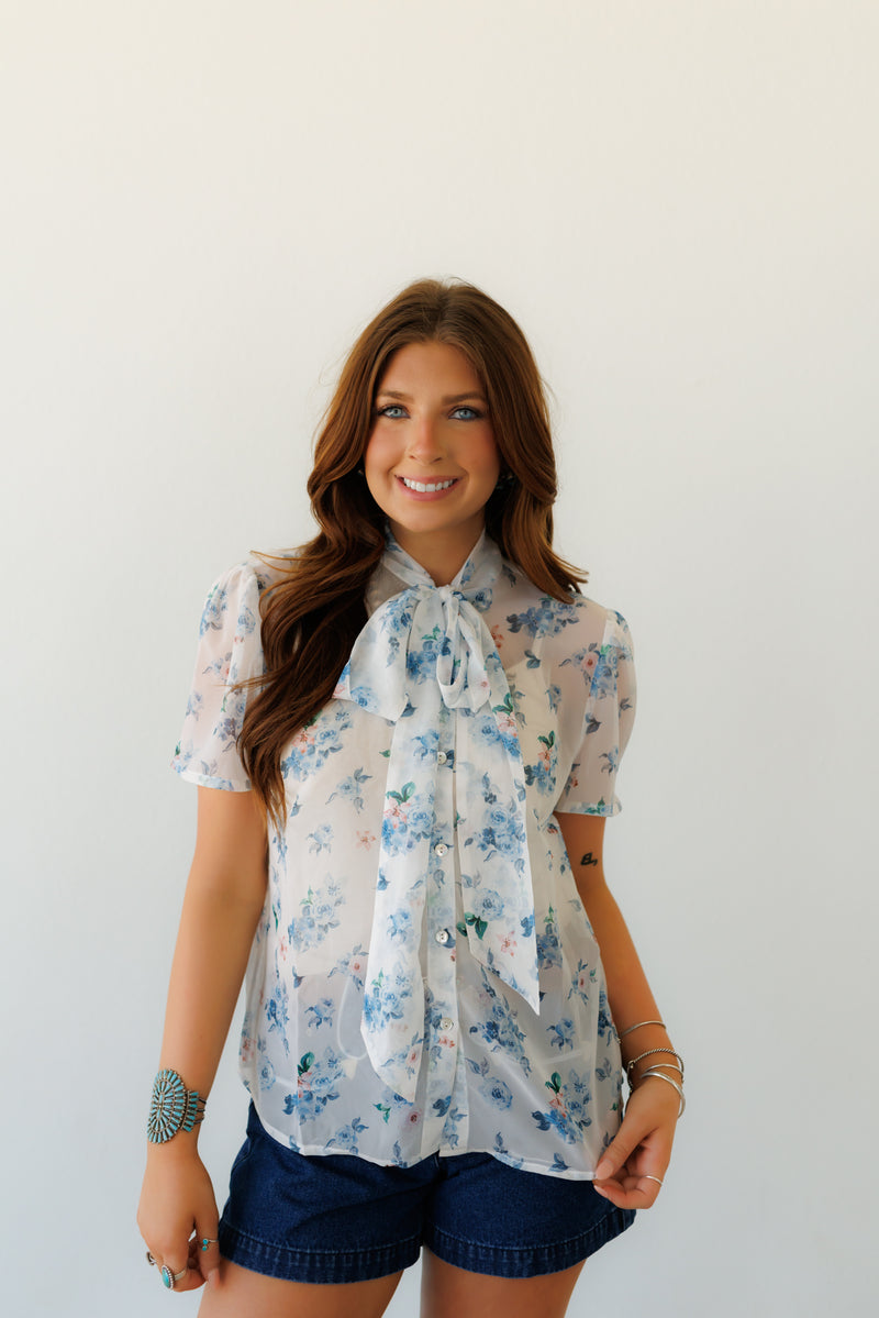 Tie Top, Blue Floral Short Sleeve HH2711