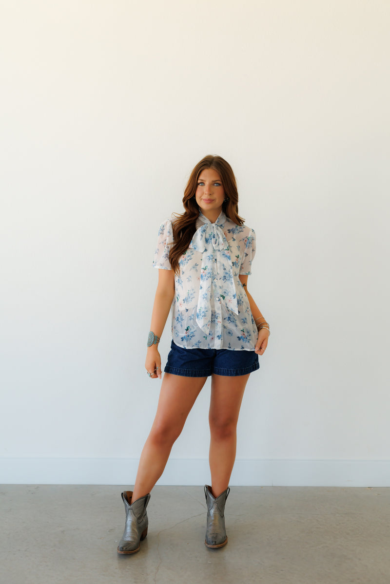 Tie Top, Blue Floral Short Sleeve HH2711