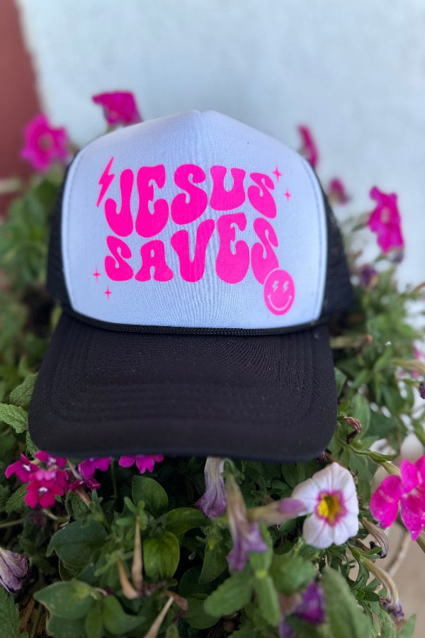 JESUS SAVES NEON PINK BLK/WHT TRUCKER HAT