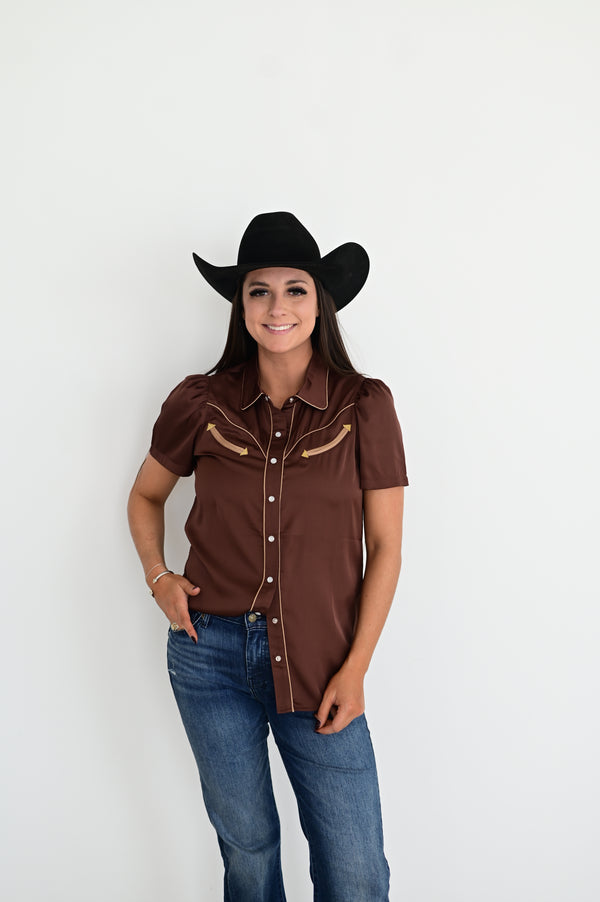 2707 BROWN SATIN SHORT SLEEVE PEARL SNAP