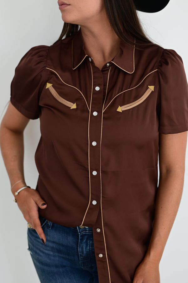 2707 BROWN SATIN SHORT SLEEVE PEARL SNAP