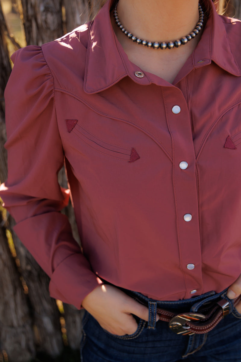 Wine Pearl Snap Puff Sleeve Performance Shirt HH2710