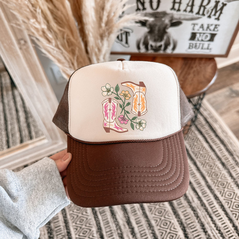 Cowboy Boots Trucker Hat, Western Trucker Hat, Cowgirl Trucker Hat, Rodeo Trucker Hat, Floral Trucker Hat, Retro Cowgirl, Trendy Trucker Hat