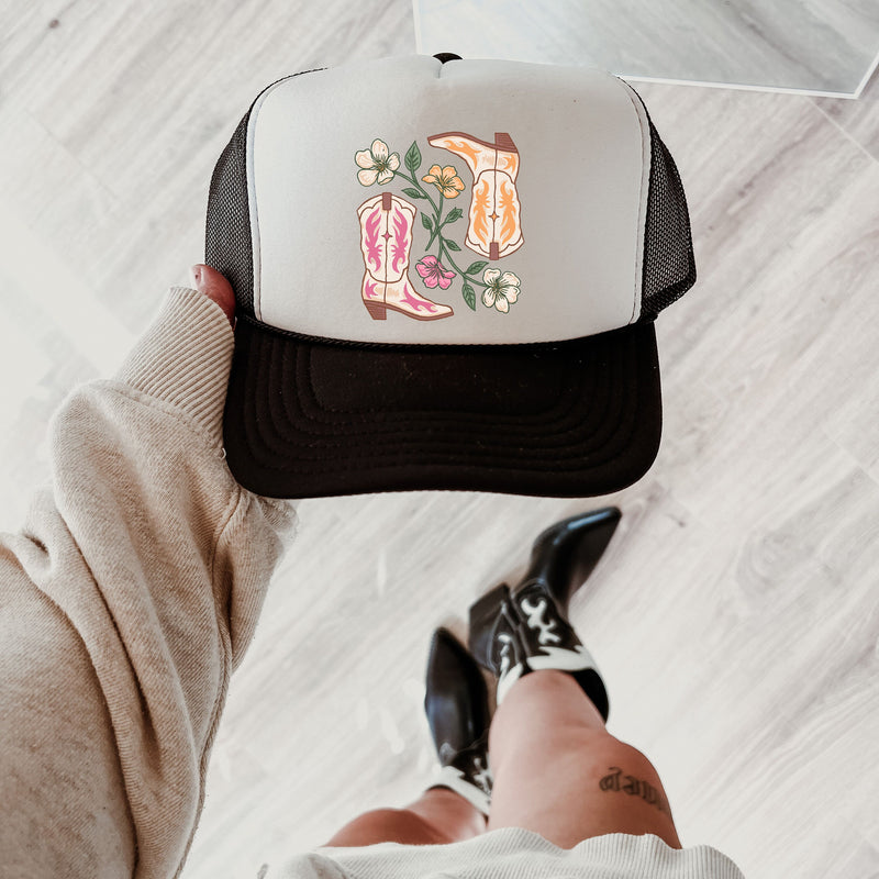 Cowboy Boots Trucker Hat, Western Trucker Hat, Cowgirl Trucker Hat, Rodeo Trucker Hat, Floral Trucker Hat, Retro Cowgirl, Trendy Trucker Hat