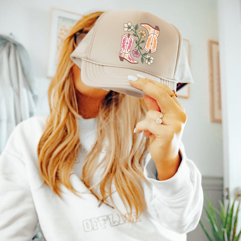 Cowboy Boots Trucker Hat, Western Trucker Hat, Cowgirl Trucker Hat, Rodeo Trucker Hat, Floral Trucker Hat, Retro Cowgirl, Trendy Trucker Hat